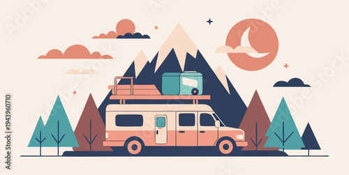 Flat vector illustration of camper van with roof tent in mountains travel and camping concept