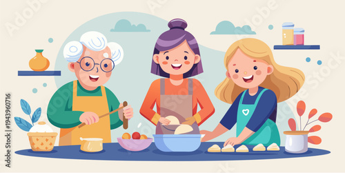 Flat vector illustration of grandmother mother and daughter baking together family cooking activity