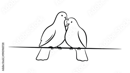 Love Birds Perch: Two doves, symbols of love and peace, are intimately perched on a thin line, their beaks gently touching in a moment of tender affection and harmony. 