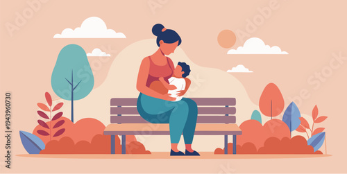 Mother breastfeeding baby while sitting on park bench vector illustration of natural parenting motherhood care and family life outdoor scene in warm autumn style