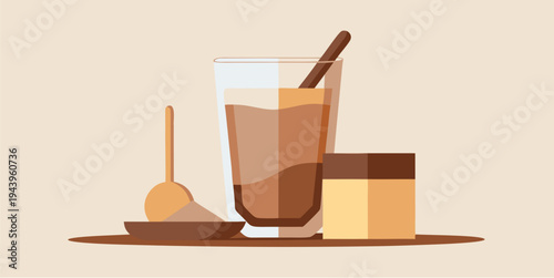 Flat vector illustration of chocolate collagen powder supplement in glass with spoon and container