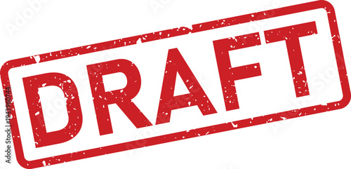 A red distressed grunge style rubber stamp with the word DRAFT centered on a white surface