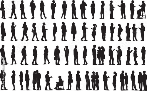Diverse silhouettes of people in various social and professional interactions