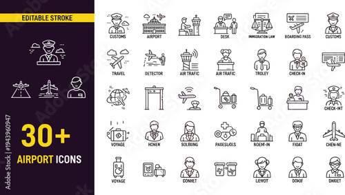 Airport and air travel line icon set featuring customs officers immigration law boarding passes flight security and baggage.