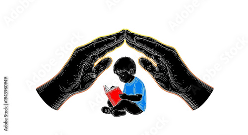 Child sitting in hands protection.