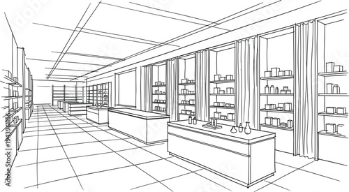Architectural sketch of a luxury beauty and skincare boutique featuring modular display counters, elegant curtain-accented shelving, and a minimalist interior in a wide perspective.