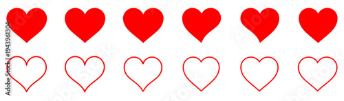 heart shape collection showing filled and outline styles arranged in a clean set. simple romantic symbol shapes commonly used for valentine, love, greeting, decoration, sticker, and web element design