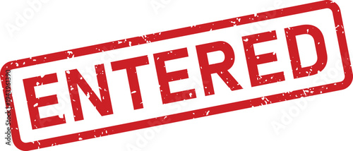 A red distressed rubber stamp with the word ENTERED positioned diagonally on a clean white surface