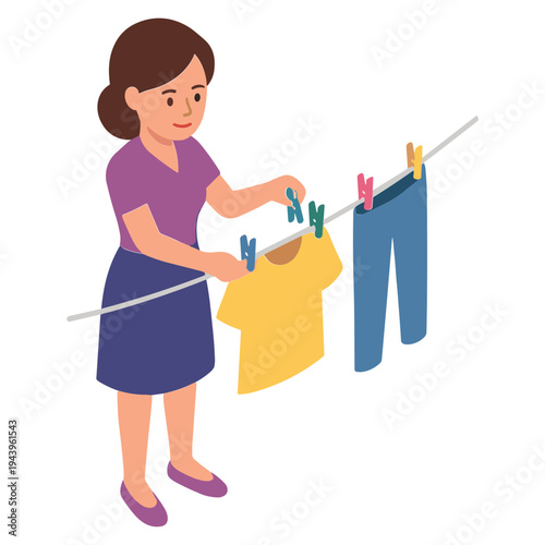 Woman hangs colorful clothes on a line outdoors with clips