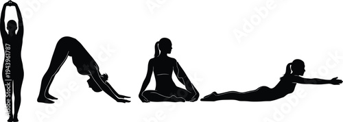 Sequence of yoga poses silhouette woman performing mountain upward dog downward dog seated forward bend cobra stretch isolated on white background.