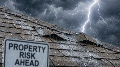 Damaged roof shingles during lightning storm concept. Lightning strikes during a storm, highlighting property risk.