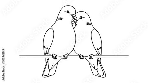Pair of Birds on a Branch: Two delicate birds perch closely together on a slender branch, their forms rendered in minimalist black and white, evoking themes of love, peace and tranquility.