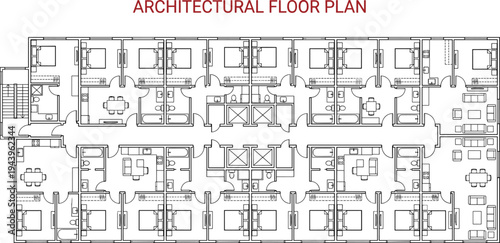 Comprehensive architectural floor plan for a multi unit residential apartment building or hotel featuring symmetric studio room layouts.