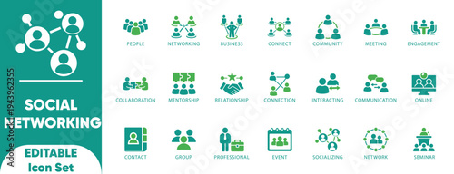 Social Networking editable solid Icon Set.community,collaboration,connection,meeting,social media,business,and vector