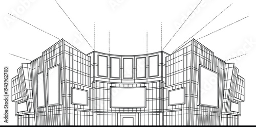 Curved modern commercial plaza perspective featuring integrated billboard panels, a high-density glass facade, and technical perspective guide lines.