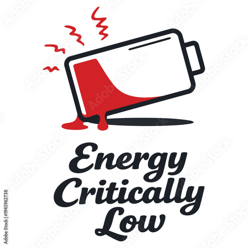 Creative illustration of a nearly depleted battery with low energy indicator dripping out isolated design