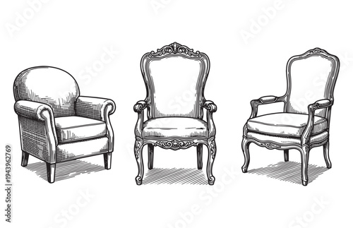 Elegant Antique Armchair Collection Sketch Victorian Furniture Set