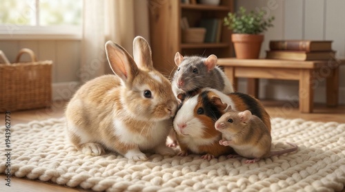 Cute rabbit, guinea pig, and rat playing together on a cozy rug  