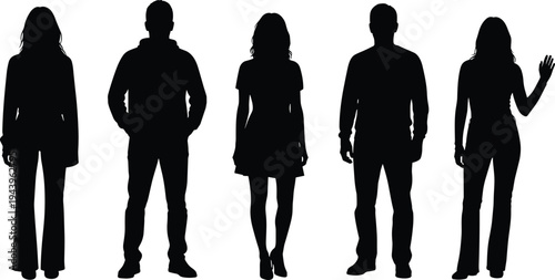 Silhouette of diverse young people standing group men women casual fashion outfits full body profiles posing on white background