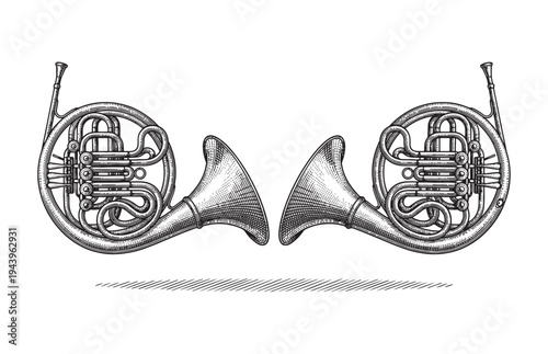 French Horn Musical Instrument Sketch Brass Wind Symphony Illustration