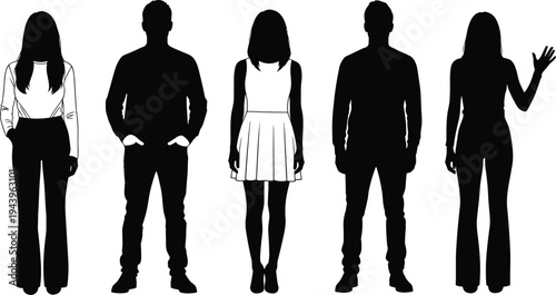 Silhouette of diverse young adults standing together men women casual fashion outfits full body profiles posing on white background
