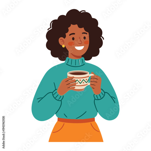 A woman holding a cup of coffee and smiling warmly indoors