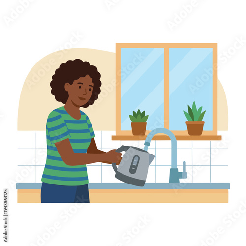 Woman pouring water from kettle into sink in kitchen with plants on windowsill