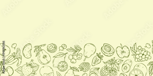Horizontal background with with various fruits and a place for text. Vegan backdrop with organic natural products. Line art vector monochrome illustration.