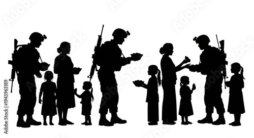 Black silhouette of soldiers in gear handing out food and supplies to a line of women and children