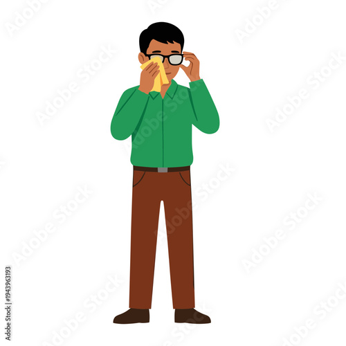 Man wearing glasses and adjusting them with a cloth in an indoor setting