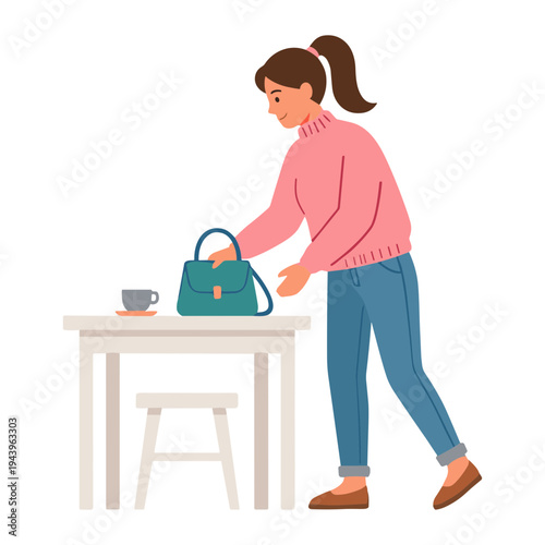 Woman picks up handbag from table beside coffee cup and stool.