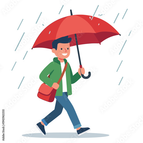 Man walking under red umbrella in rain with green jacket and blue jeans