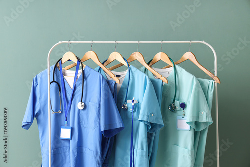 Rack with medical uniform o...