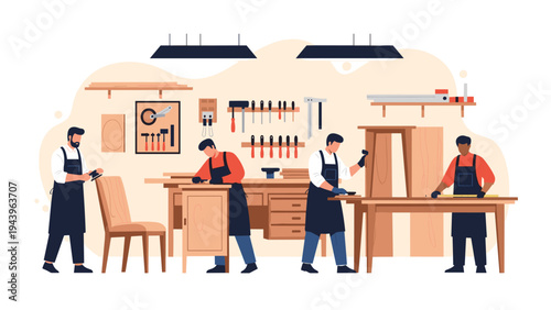 Carpenters working in a carpentry workshop building wooden furniture like chairs and cabinets with various hand tools and equipment.