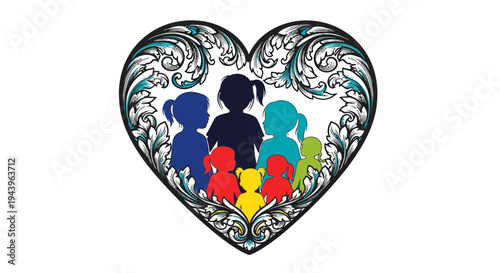 Diverse family in a heart.