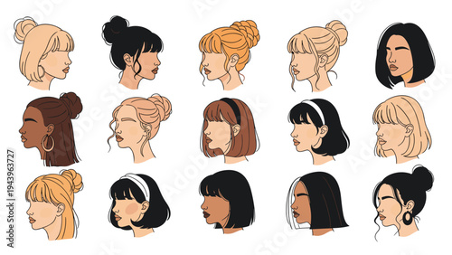 Set of female face profiles displaying various modern hairstyles hair colors and accessories in a minimalist line art style.
