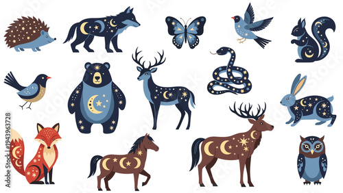 Whimsical collection of forest animals decorated with stars and moons in a magical celestial theme for children and fantasy lovers.
