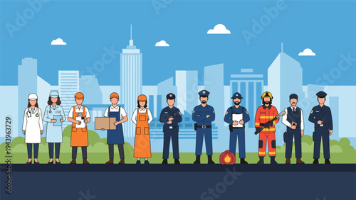 Group of essential workers in various professional uniforms standing against a city skyline representing diverse career opportunities.