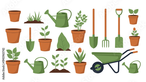 Collection of various gardening tools and potted plants including shovels watering cans wheelbarrow and seedlings in fertile soil.