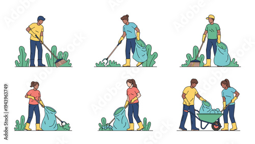 People cleaning up a local park or garden by sweeping leaves and collecting trash into bags as a community service activity.