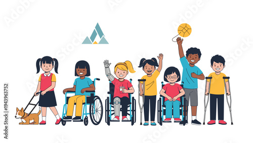 Diverse group of children with physical disabilities including wheelchairs and crutches standing together happily on a white background.