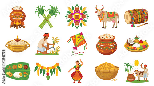 Vibrant collection of Pongal festival symbols and activities, showcasing cultural traditions and agricultural elements.