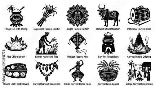 Collection of black and white icons representing various elements of the Pongal harvest festival, including food, decorations, and cultural activities.