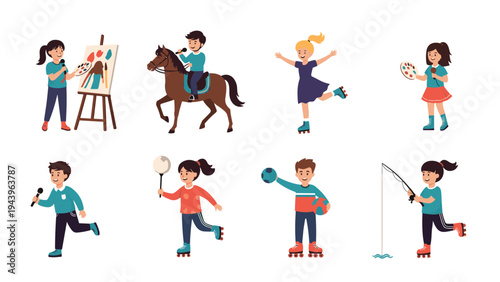 Eight scenes of children engaged in hobbies such as painting, horse riding, skating, fishing, and playing music or sports.