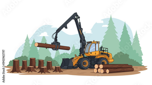 Large yellow logging machine with a mechanical arm lifts a heavy log in a pine forest surrounded by stumps and piles of wood.