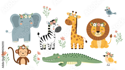 Set of cute baby safari animals including an elephant, zebra, giraffe, lion, and monkey decorated with beautiful flower crowns.