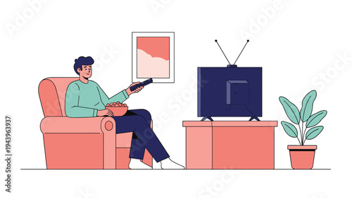 Man relaxing in a comfortable armchair while watching television and eating a bowl of popcorn in his living room at night.