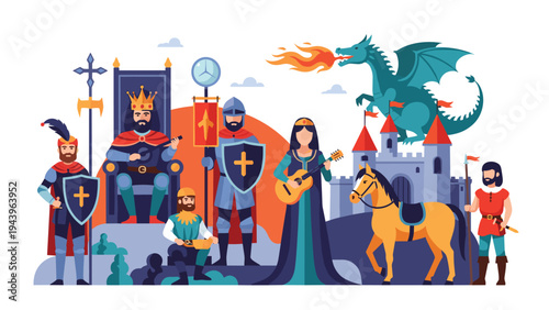 Fantasy medieval kingdom scene with a king, castle, dragon, musician, knight, horse, and various royal court characters.