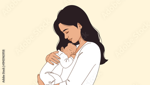 Loving mother holding her sleeping newborn baby close in a tender embrace against a warm and soft peach background.