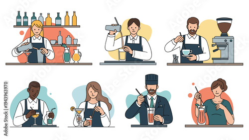 Diverse professional baristas and bartenders preparing various drinks like coffee beer and cocktails in cafe and bar.